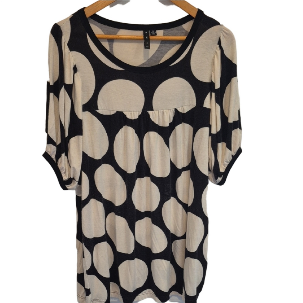 AZI Polka Dot Scoop-Neck Tunic Top - Black & Cream - Picture 1 of 6